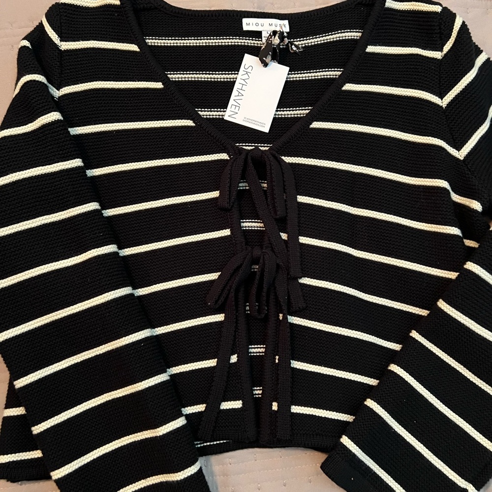 Front-Tie Cardigan Knit Top- Black and White Striped